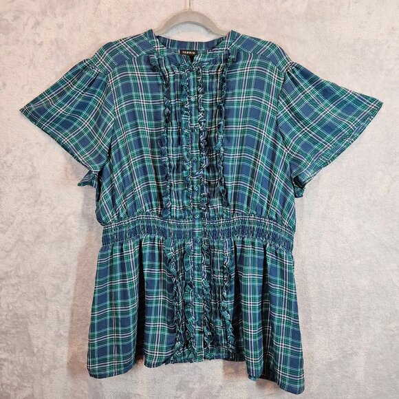 Torrid Womens 2X Plaid Ruffled Button Front Blouse Top Blue Green peplum office - Picture 1 of 11
